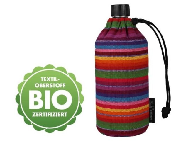Trinkflasche Emil 0,6l Glasflasche bunte Streifen Bio Baumwolle