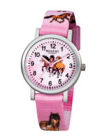 Armbanduhr Kinderuhr silber pink Textilband Pferde Regent